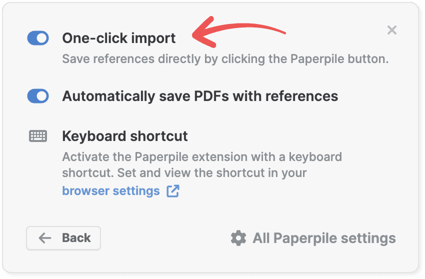 Turn on one-click import in the extension popup