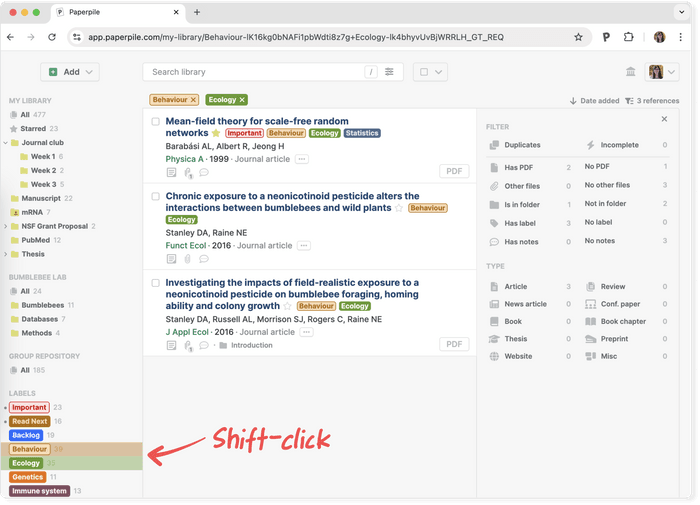 Filter labels in your reference manager