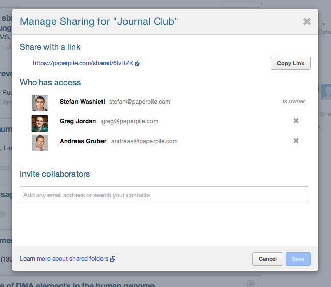 Invite your colleagues to a shared folder. Works with any email address.