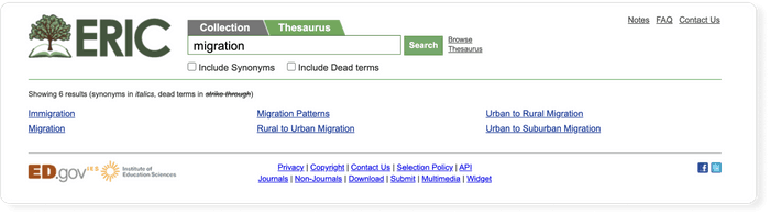 ERIC database: thesaurus search