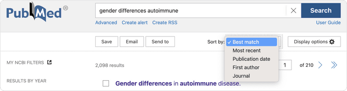 PubMed search results sorted