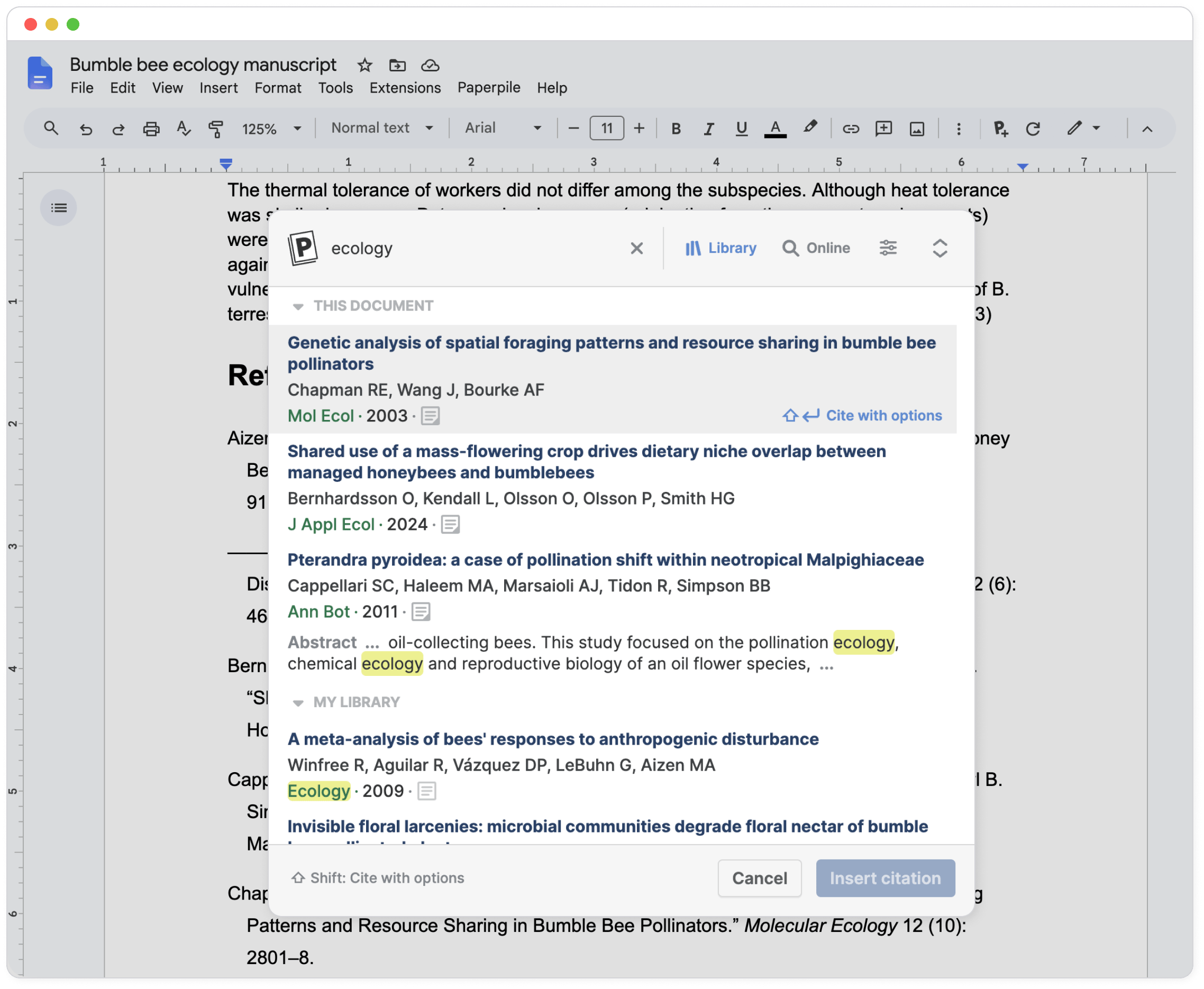 Paperpile citation dialog in Google Docs