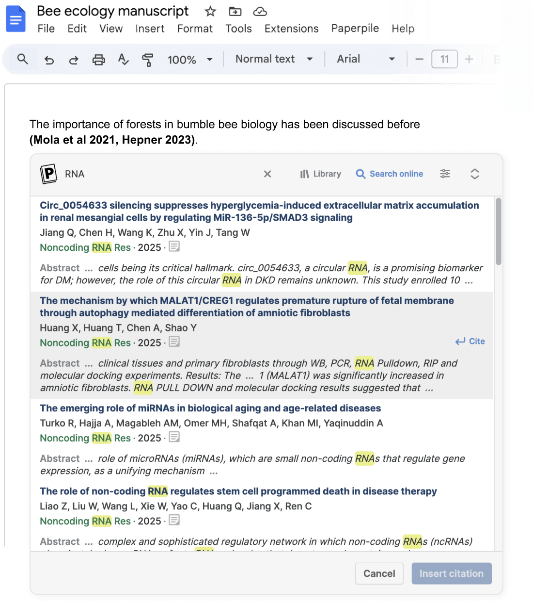 Search and cite in Google Docs