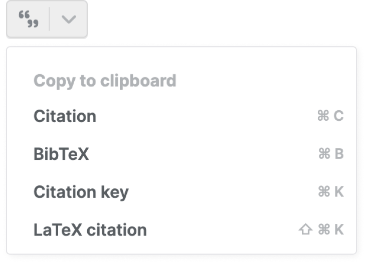 Copy BibTeX entries, citation keys, and LaTeX codes