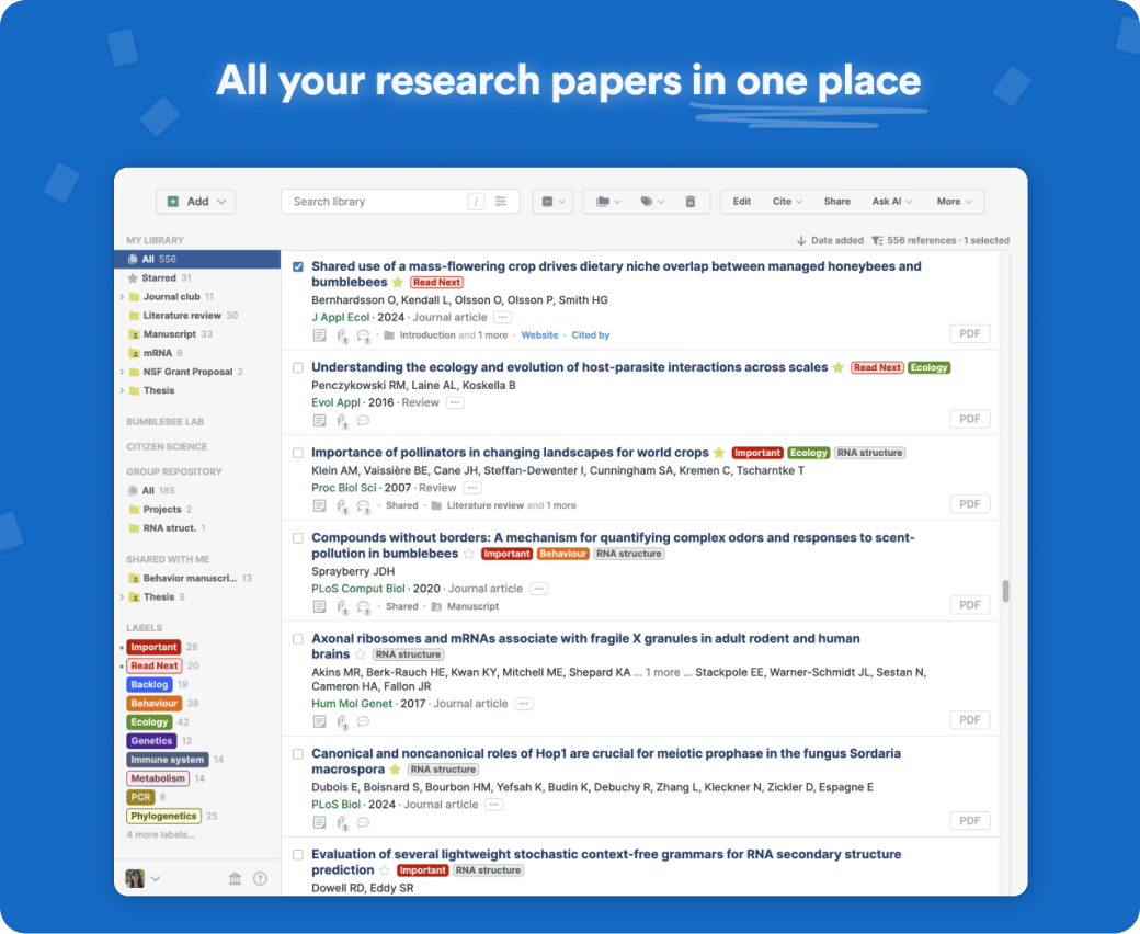 The Paperpile app showing a library of research papers