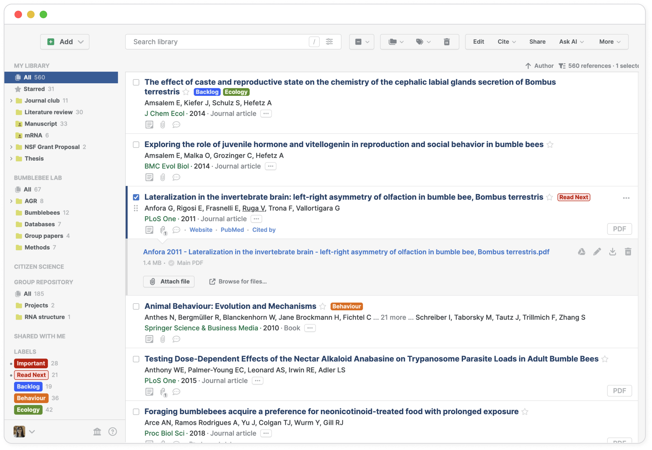 The Paperpile app showing a library of research papers