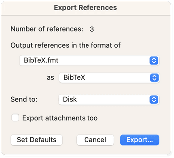 Bookends export references dialog