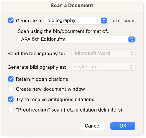 Bookends scan document dialog