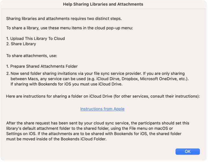 Bookends sharing libraries and attachments dialog