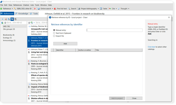 Citavi's retrieve references by ID feature