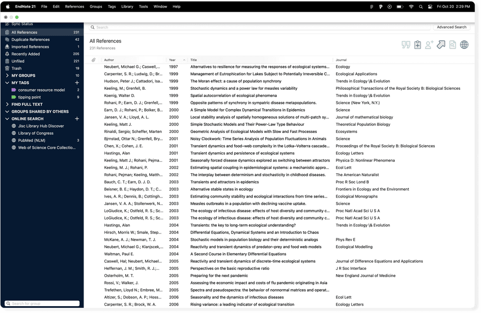 Endnote user interface