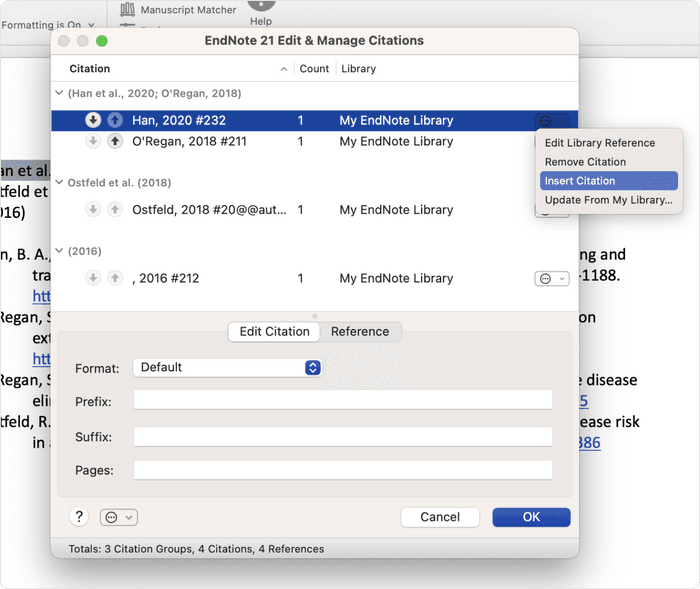 EndNote's Edit and Manage Citations dialog