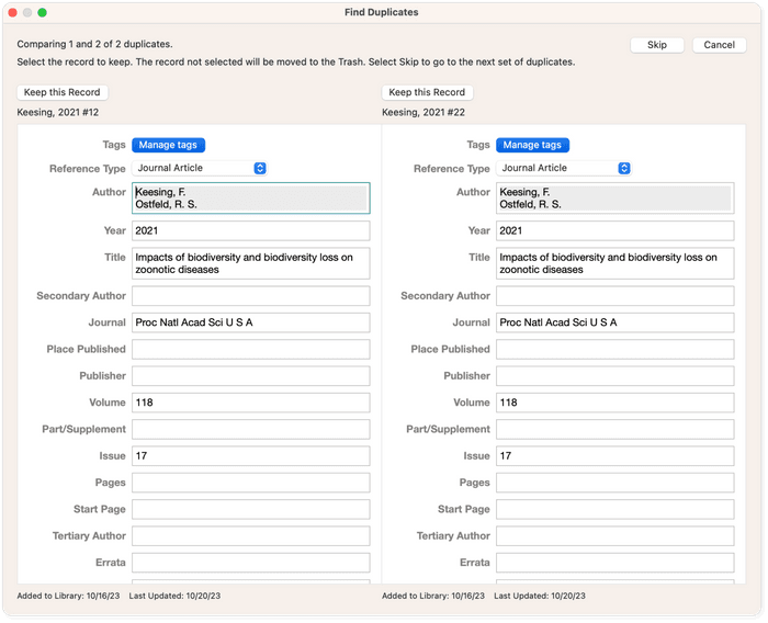 EndNote's find duplicates feature