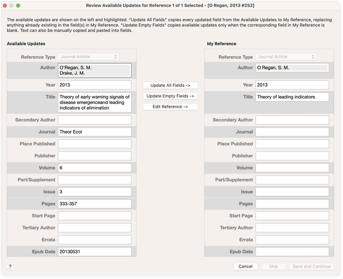 EndNote's Find Reference Updates dialog