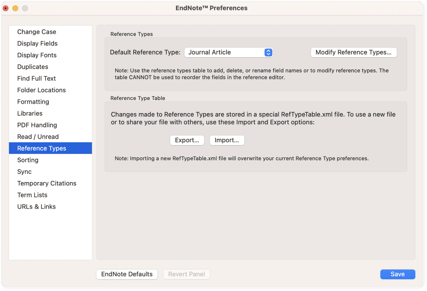 EndNote's modify reference type feature