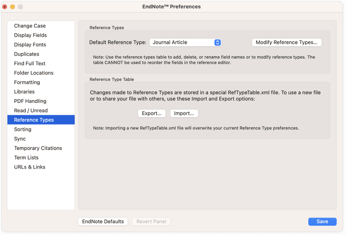 EndNote's modify reference type feature