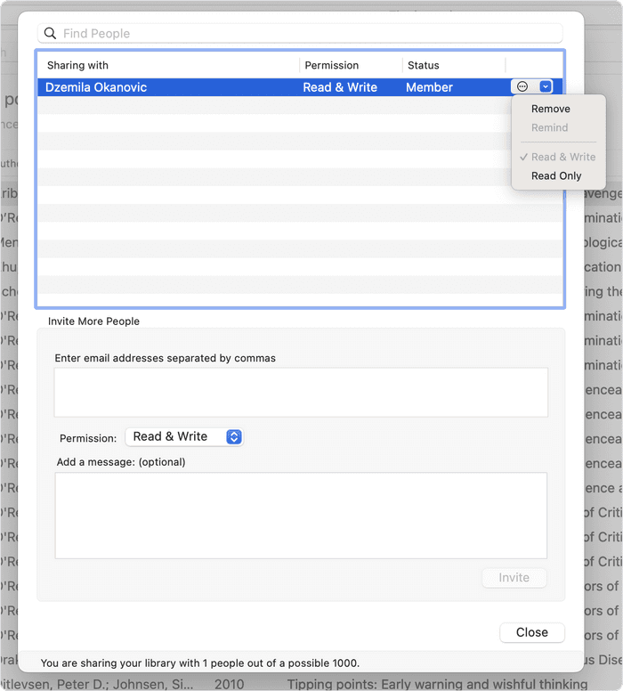 EndNote's sharing dialog