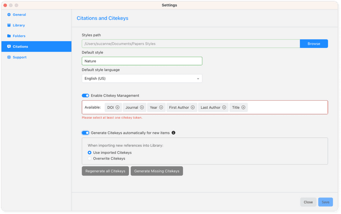 Papers' citekeys settings