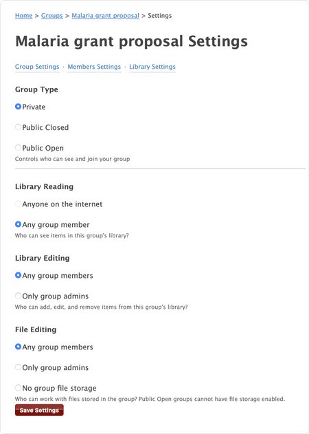 Zotero's global group library settings