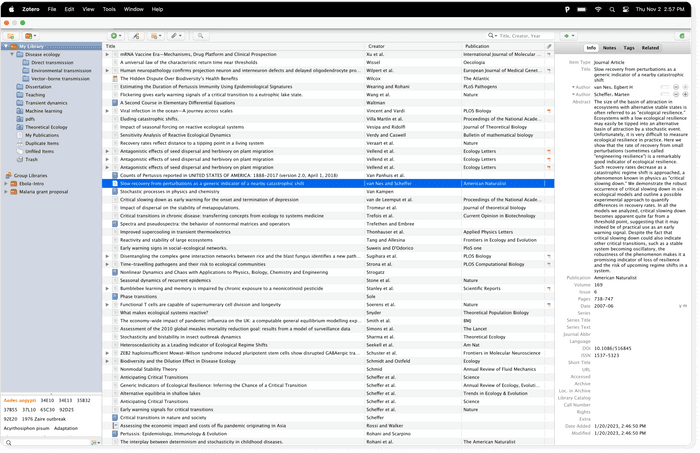 Zotero's UI has 3 panels